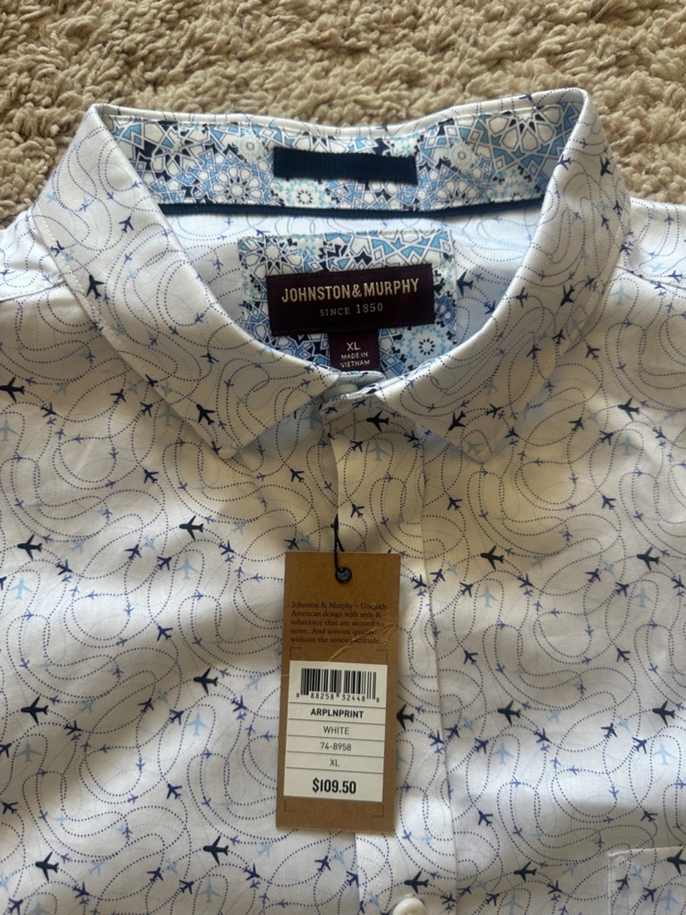 Johnston & Murphy Men's White Printed Button-Down Airplane Shirt Sz XL NWT